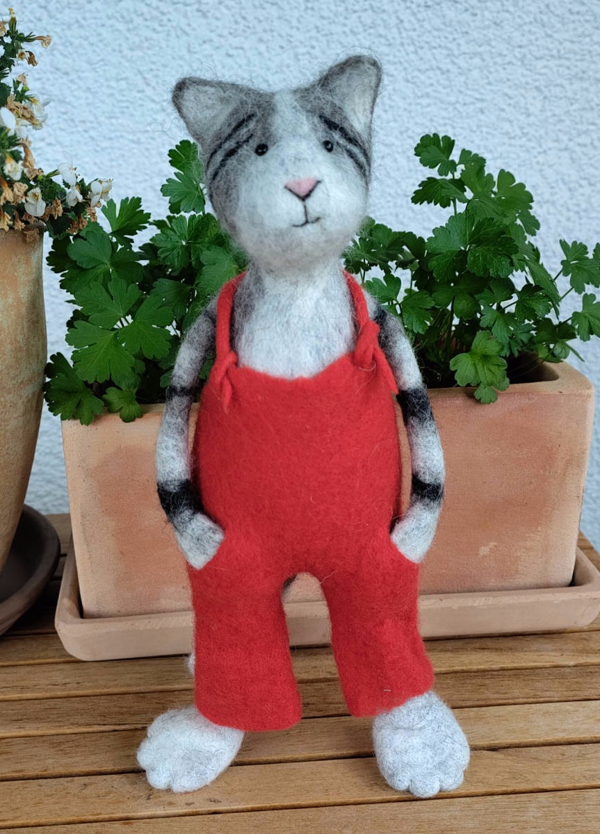 Grau-getigerte Filzkatze mit roter Latzhose